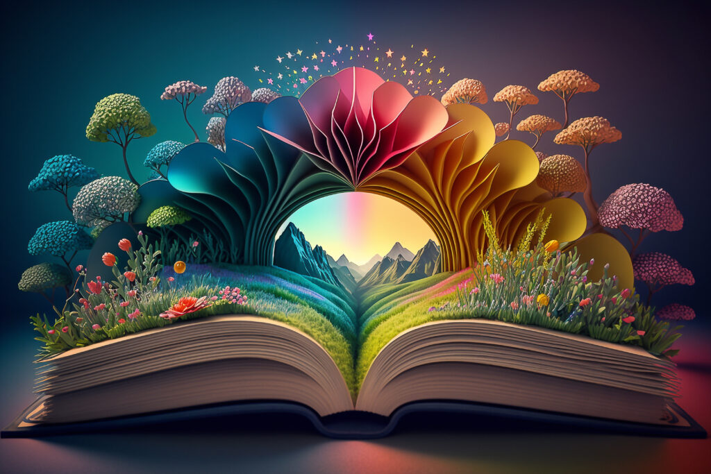 Illustration of a magical book that contains fantastic stories